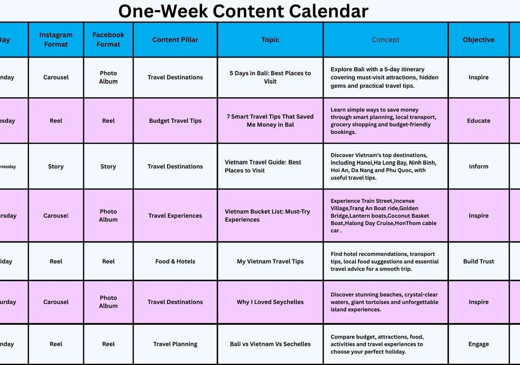 Explore With Saritha - travel content calendar