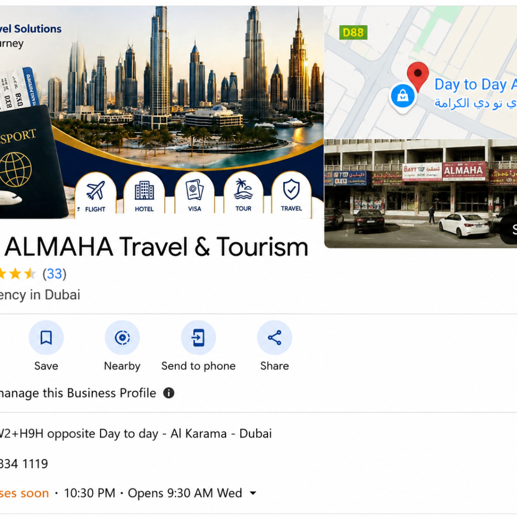 Noor ALMAHA Travel & Tourism Google Business Profile in Dubai with 4.5-star rating and 33 reviews