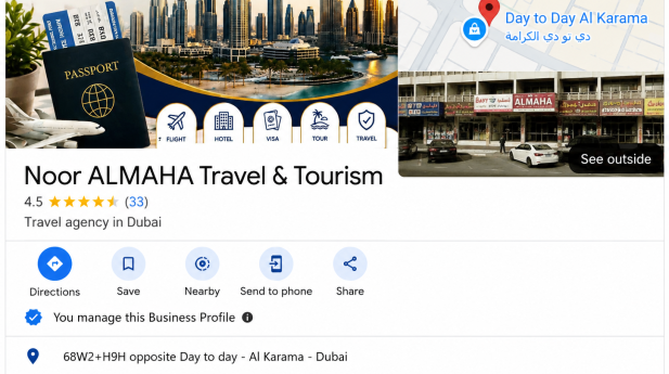 Noor ALMAHA Travel & Tourism Google Business Profile in Dubai with 4.5-star rating and 33 reviews